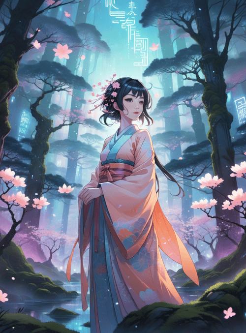 woman, cherry blossom, forest