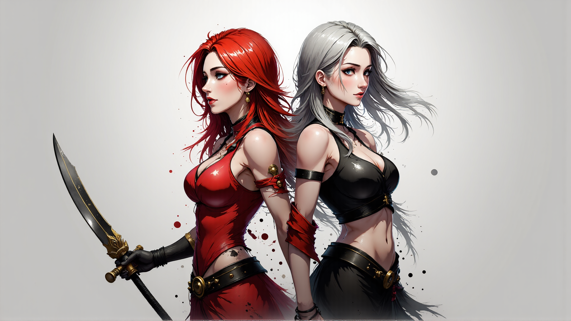 AI generated wallpaper featuring woman, sword, red hair, silver hair, armor, clothing