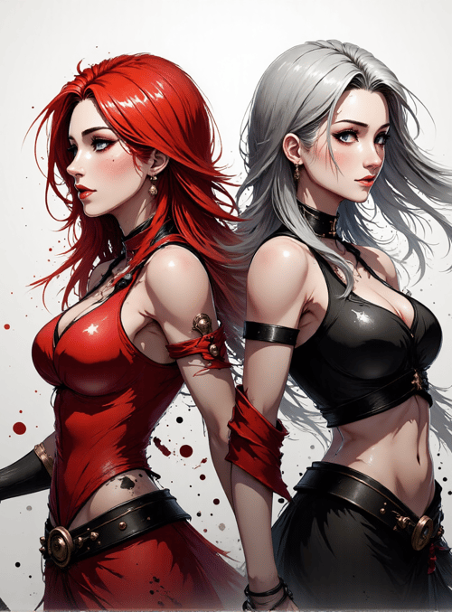 woman, sword, red hair, silver hair, armor, clothing