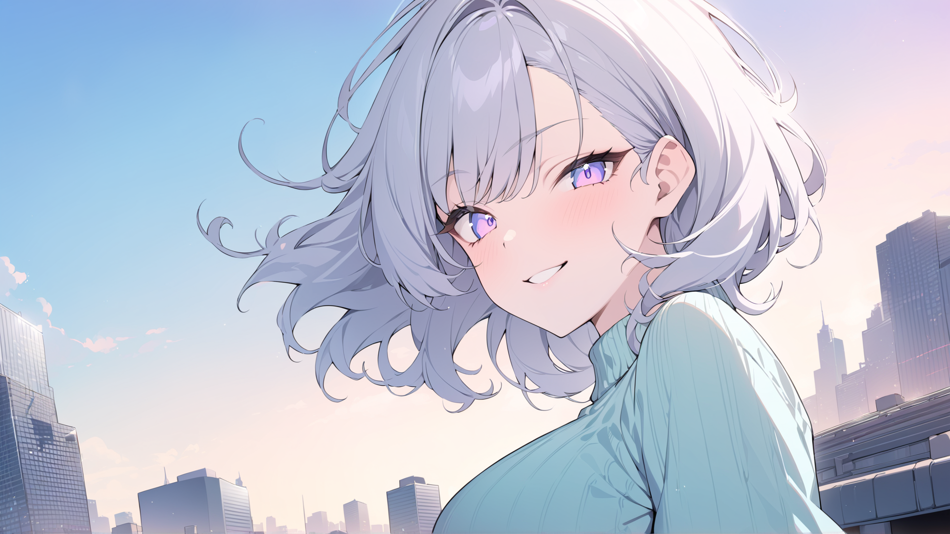 AI generated wallpaper featuring anime girl, cityscape