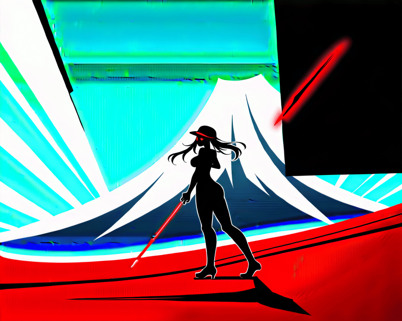 AI generated wallpaper featuring silhouette, woman, mountain