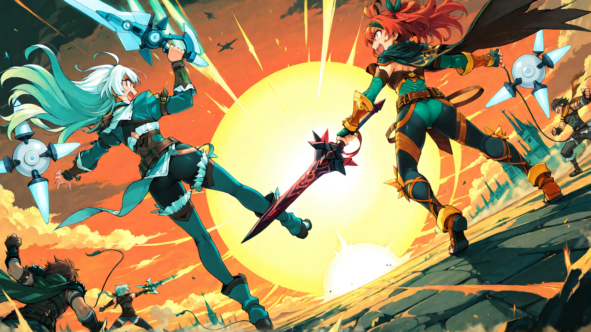 AI generated wallpaper featuring warrior, sword, hero, character, anime, group, flying, battle, fantasy, magic
