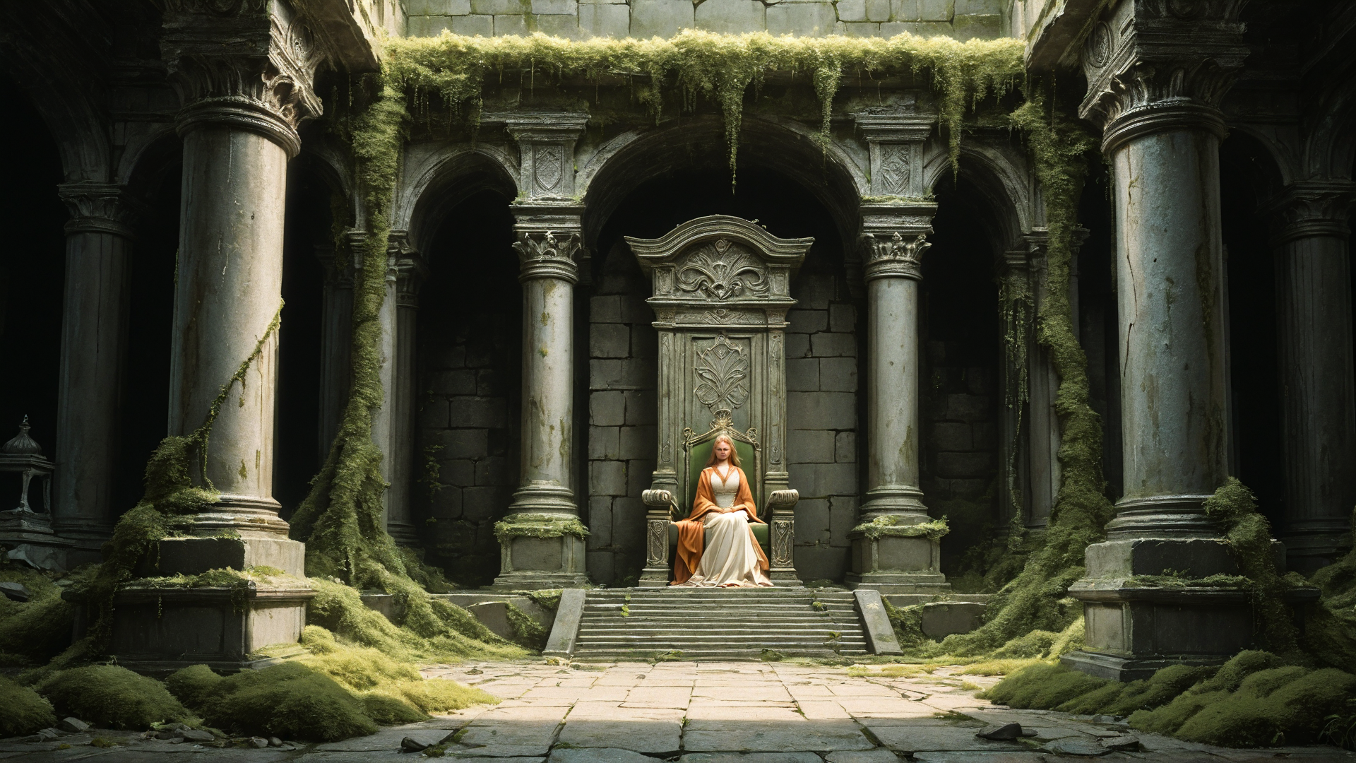 AI generated wallpaper featuring queen, ancient, ruins, throne, columns