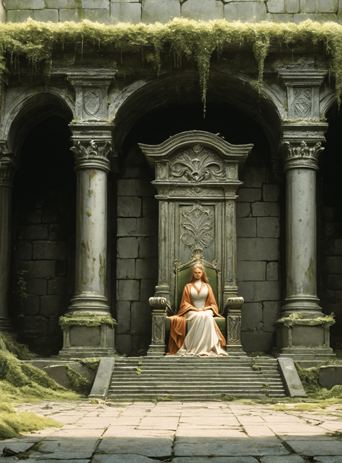 queen, ancient, ruins, throne, columns