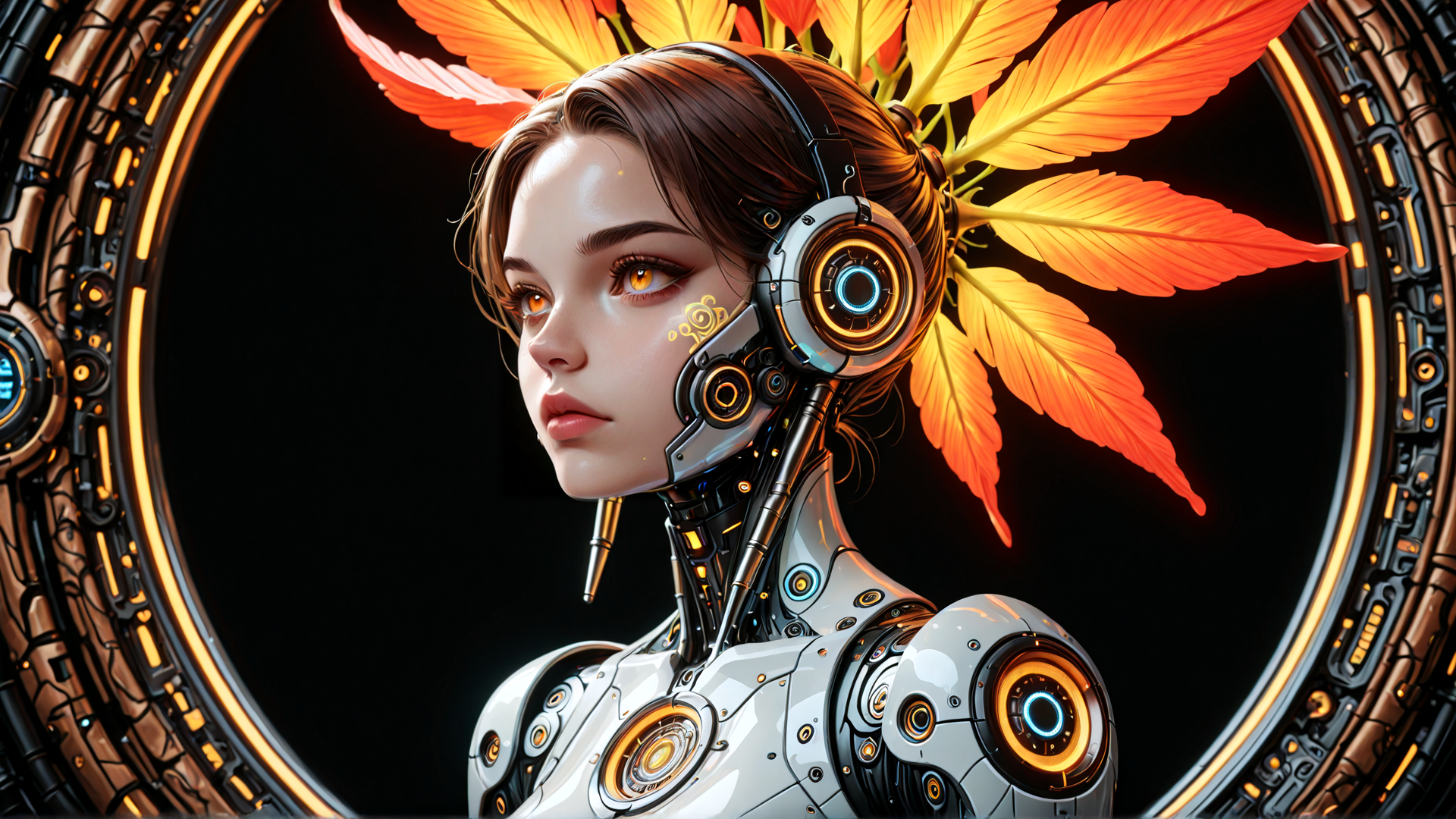 AI generated wallpaper featuring cyborg, robot, feather, headset, circuit, humanoid, mechanical