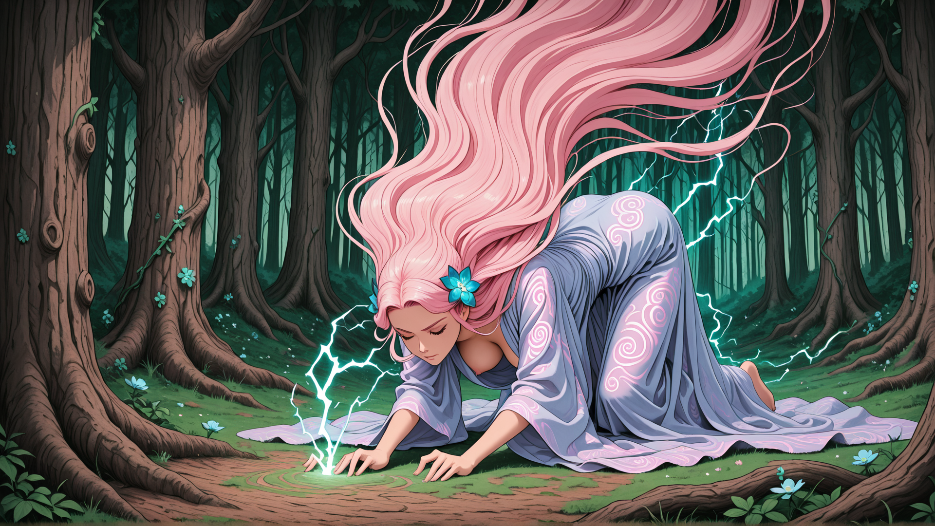 AI generated wallpaper featuring woman, forest, lightning, trees, flower, dress