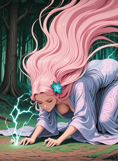 woman, forest, lightning, trees, flower, dress
