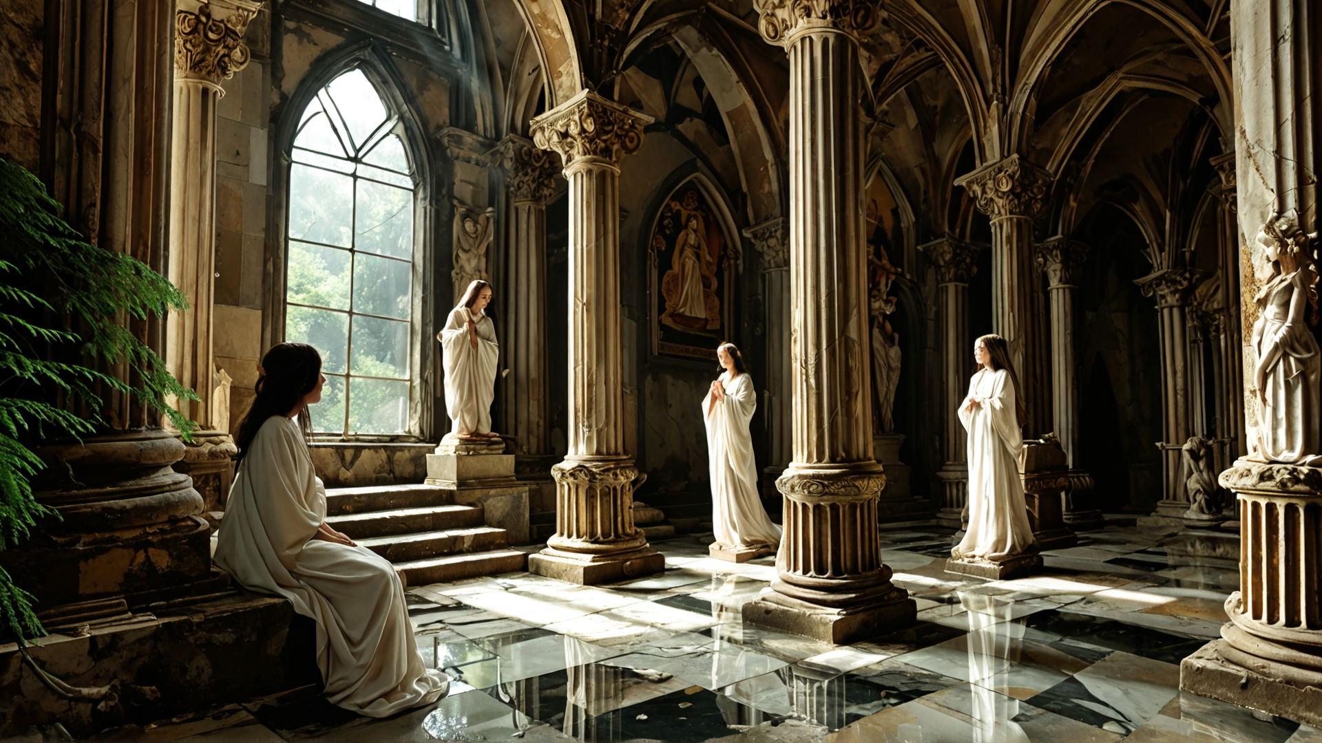 AI generated wallpaper featuring women, statues, cathedral, columns, stained glass, statue, rosary, church, sacred, marble