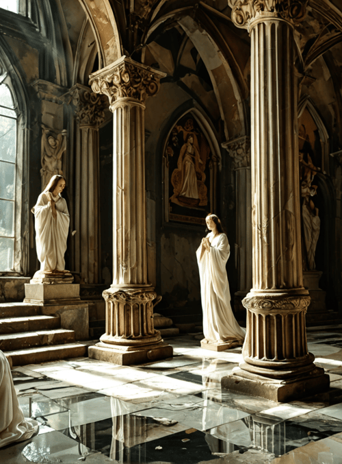 women, statues, cathedral, columns, stained glass, statue, rosary, church, sacred, marble