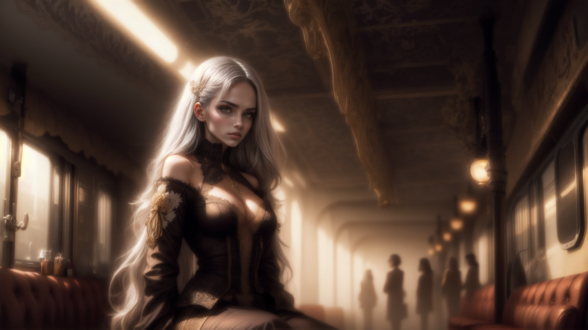 AI generated wallpaper featuring woman, train, passengers