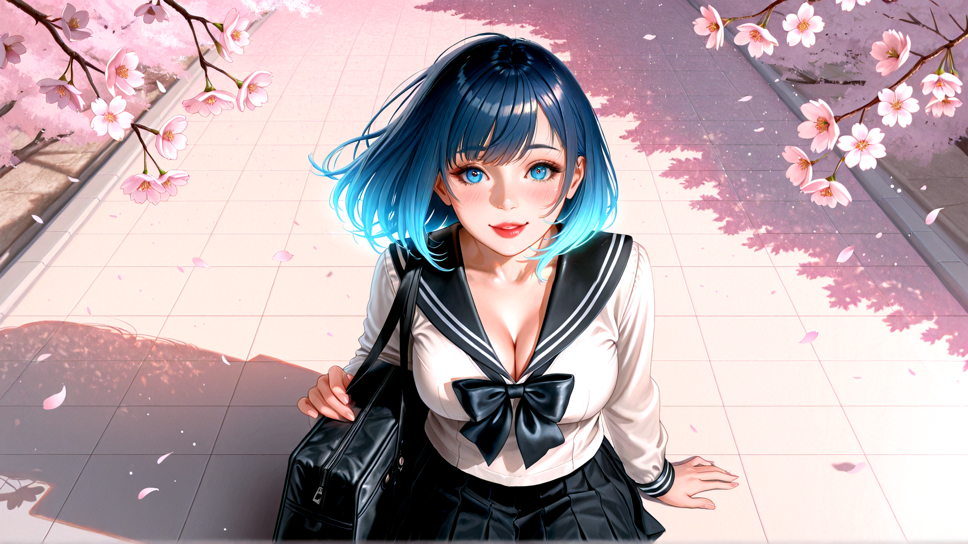 AI generated wallpaper featuring girl, cherry blossoms, school uniform, blue hair, bag
