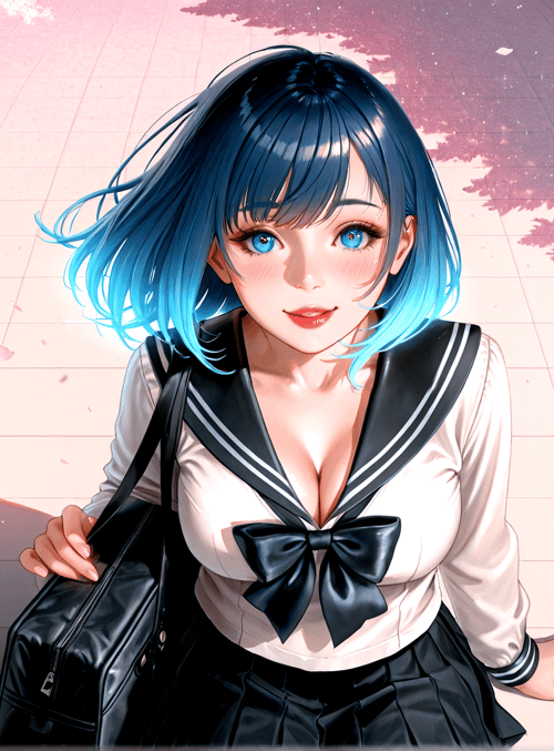 girl, cherry blossoms, school uniform, blue hair, bag