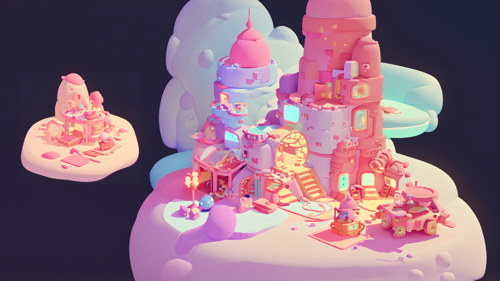 AI generated wallpaper featuring castle, cloud, toy, vehicle, character
