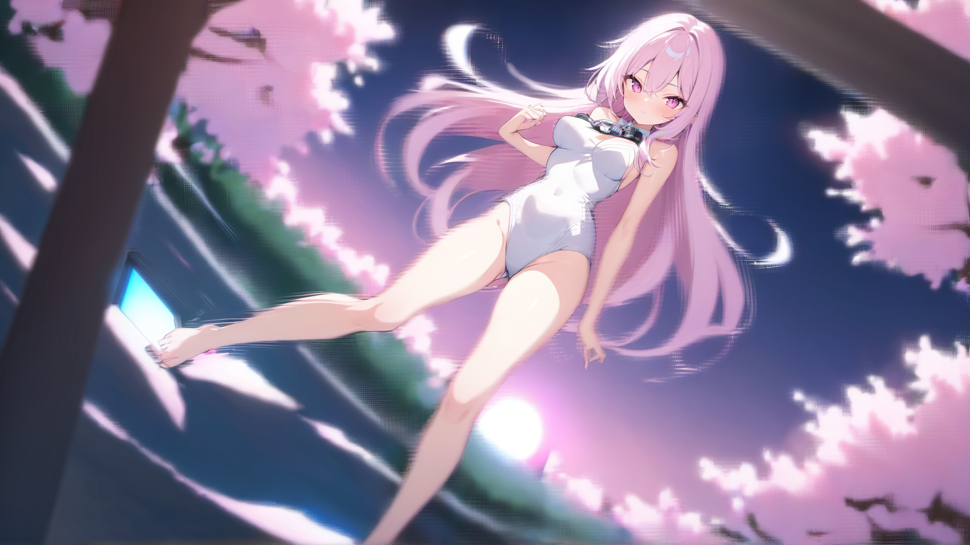 AI generated wallpaper featuring anime girl, cherry blossoms, laptop