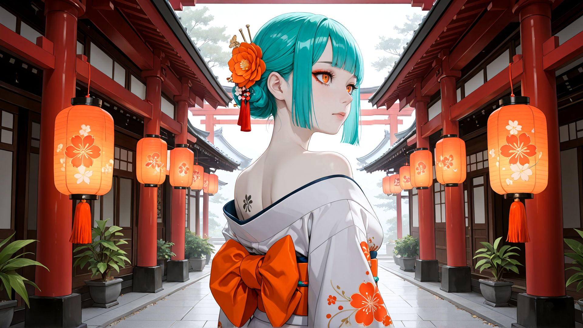 AI generated wallpaper featuring woman, lantern, traditional, architecture, kimono, flower, lantern, building, plant, tassel