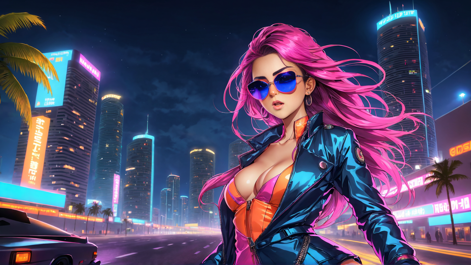 AI generated wallpaper featuring woman, cityscape, car