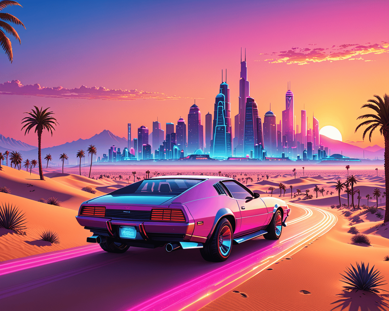 AI generated wallpaper featuring car, cityscape, desert