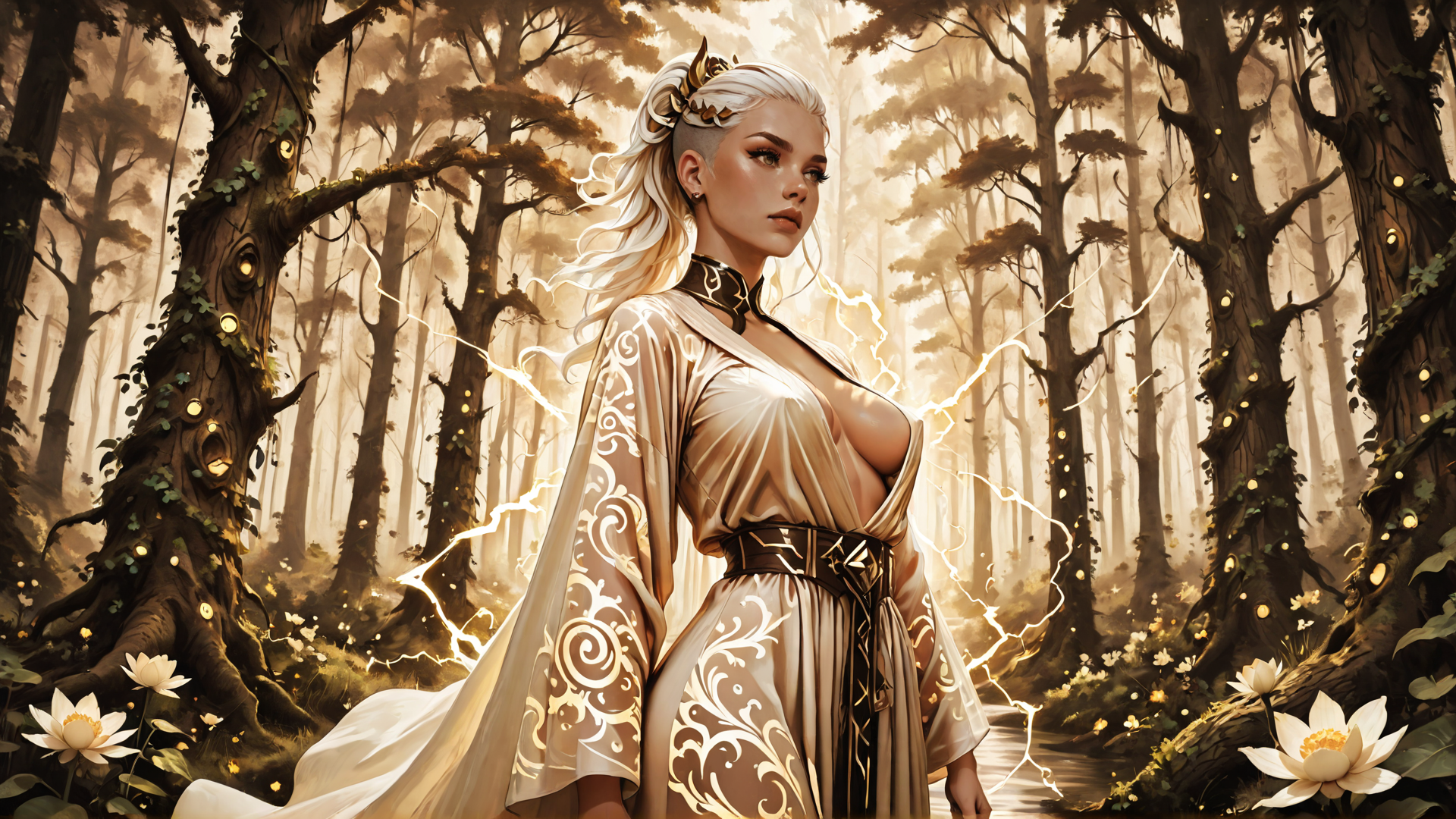 AI generated wallpaper featuring woman, forest, trees, lotus, lightning