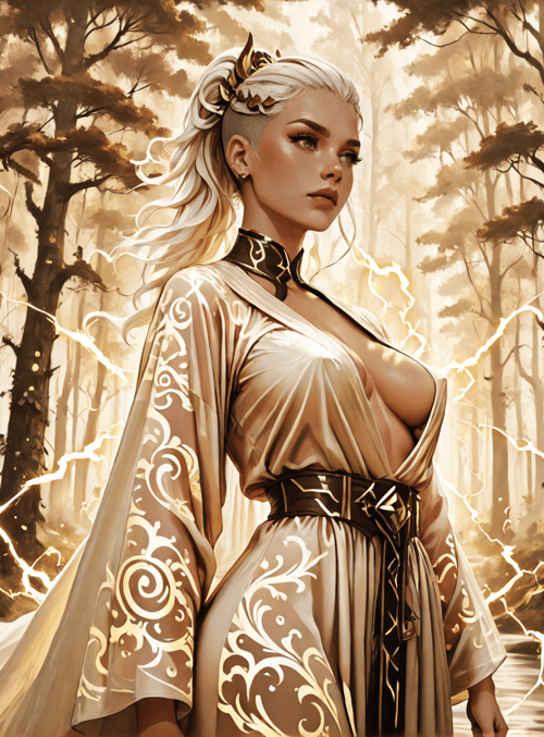 woman, forest, trees, lotus, lightning