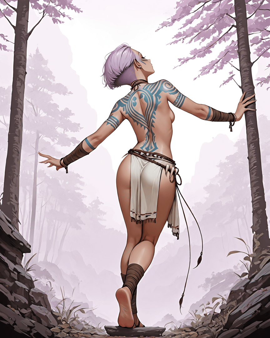 AI generated wallpaper featuring nudity, tattoo, forest, surreal, woman, tree, nature, mystic, spirit, art