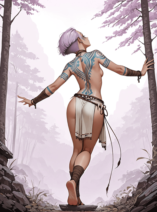 nudity, tattoo, forest, surreal, woman, tree, nature, mystic, spirit, art