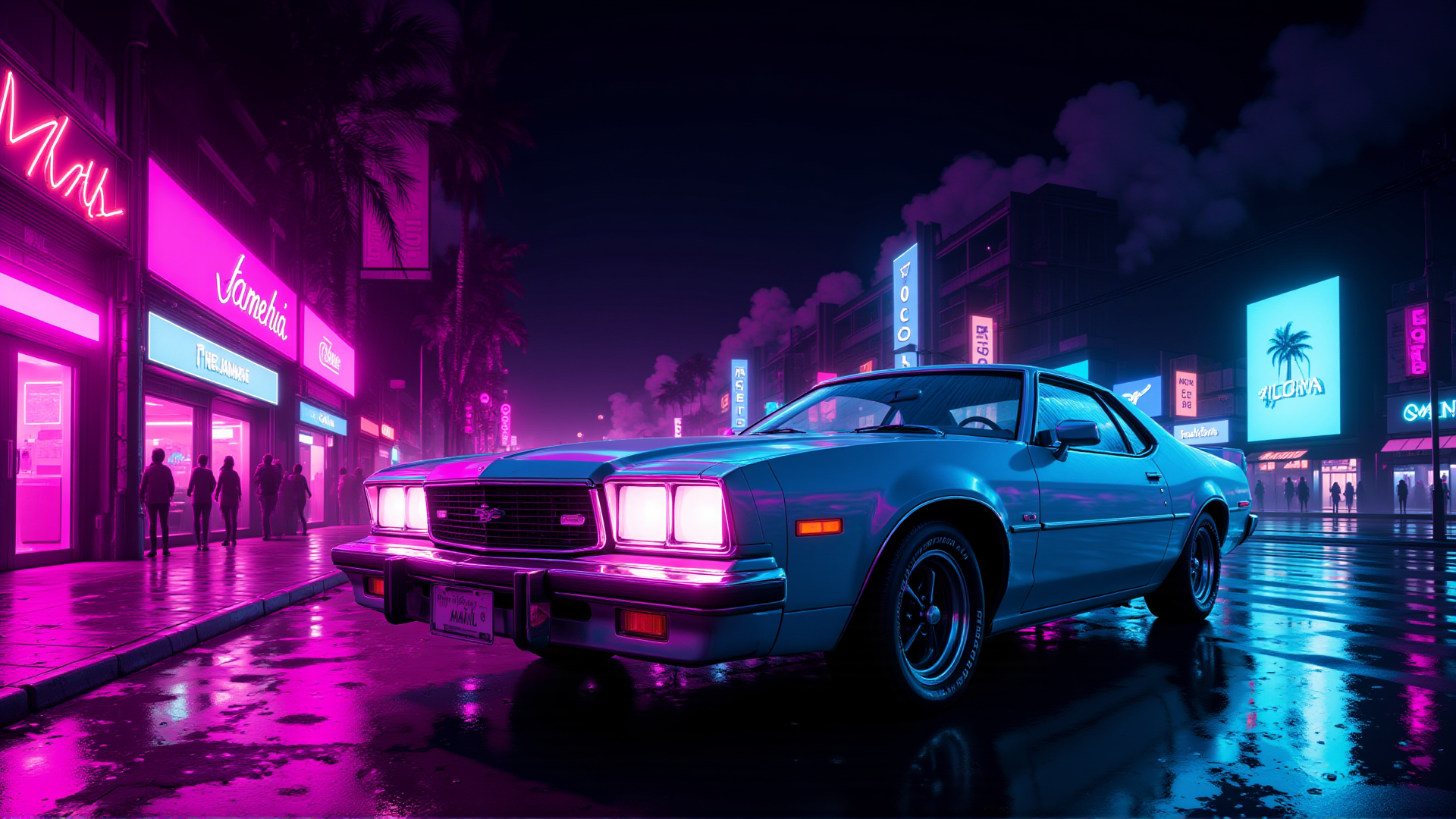 AI generated wallpaper featuring car, street, neon