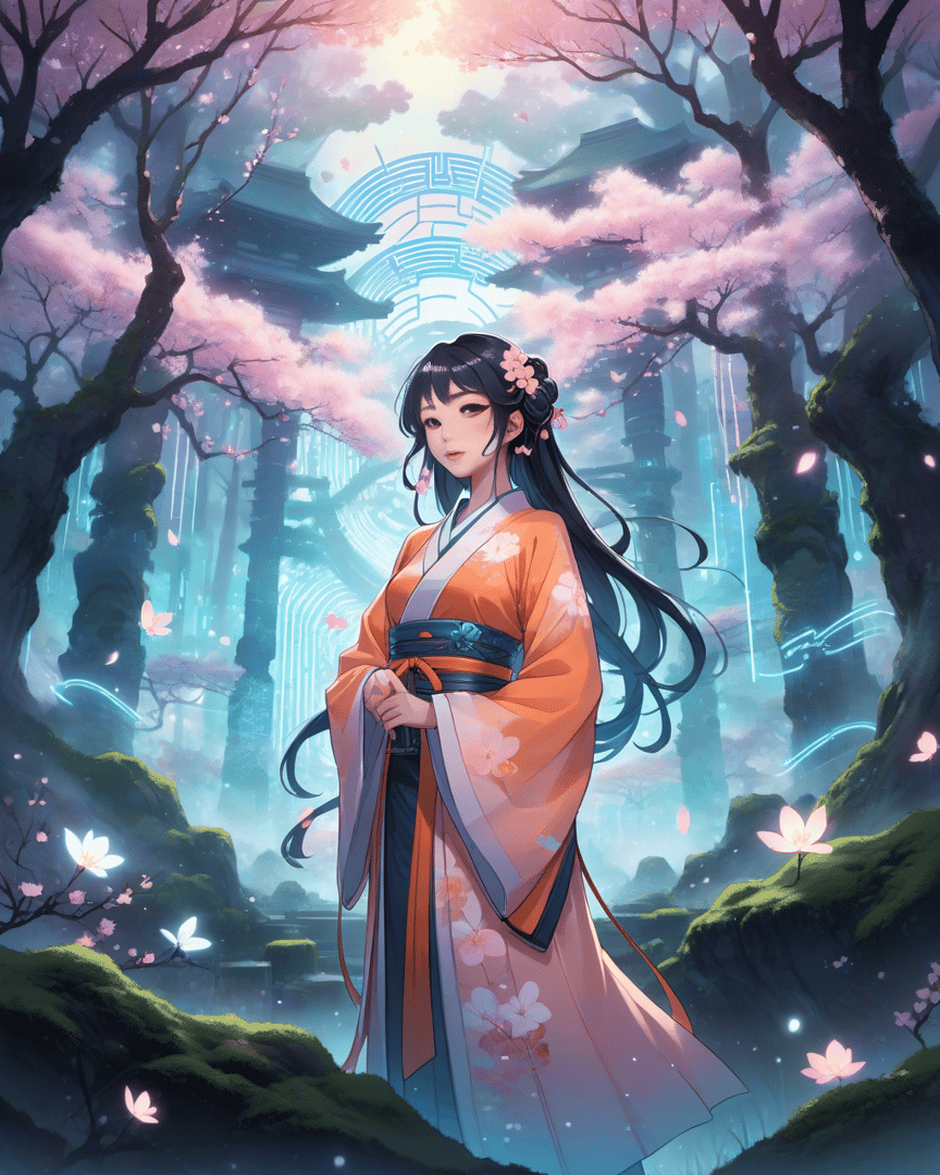 AI generated wallpaper featuring woman, cherry blossom, ancient building