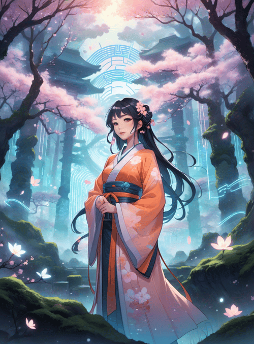 woman, cherry blossom, ancient building