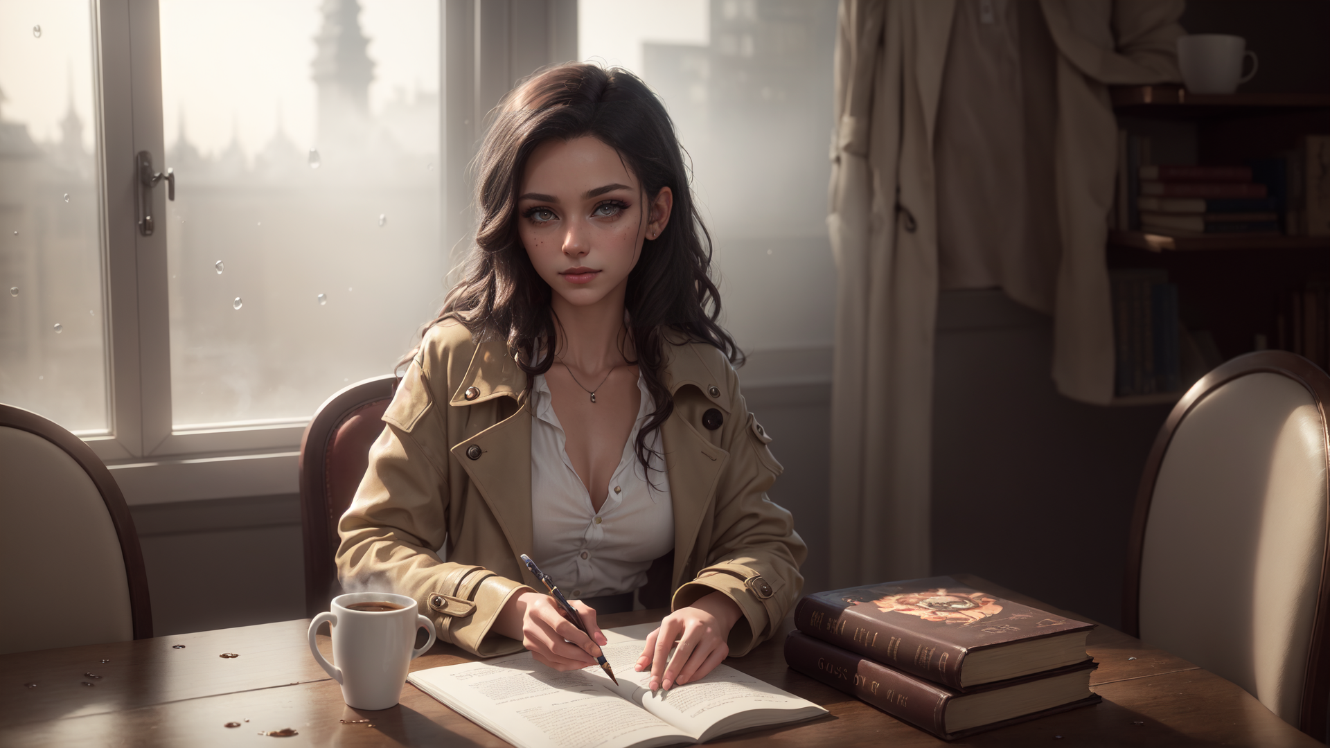 AI generated wallpaper featuring woman, book, coffee