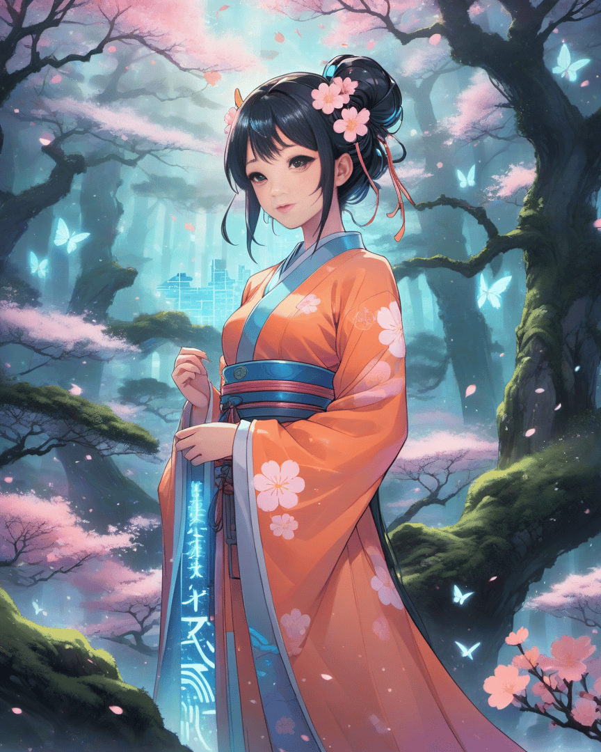 AI generated wallpaper featuring woman, kimono, butterfly