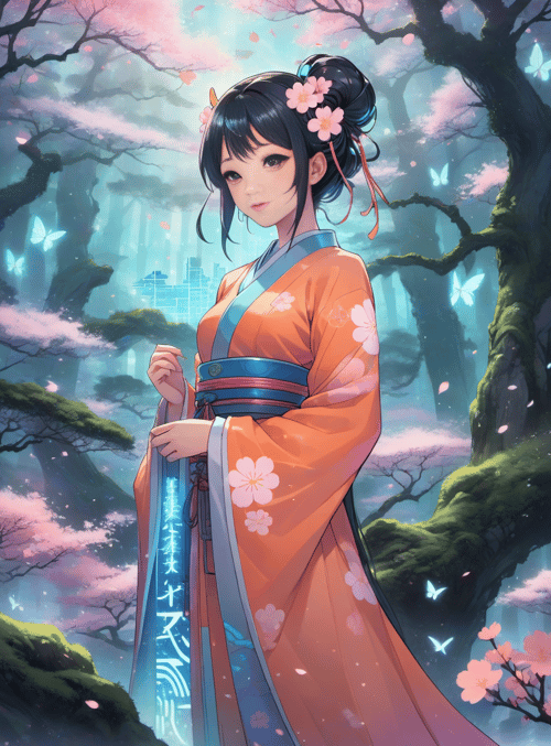 woman, kimono, butterfly
