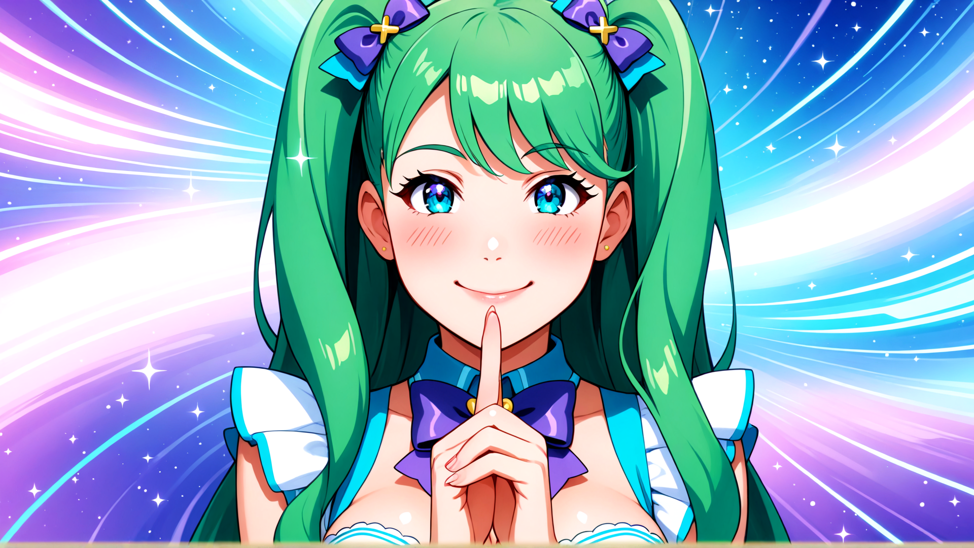 AI generated wallpaper featuring anime girl, green hair, blue eyes, bow, finger, dress