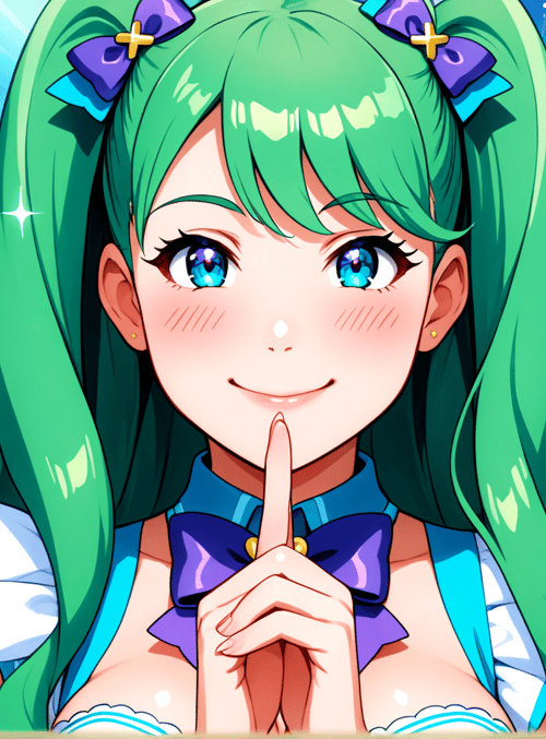 anime girl, green hair, blue eyes, bow, finger, dress