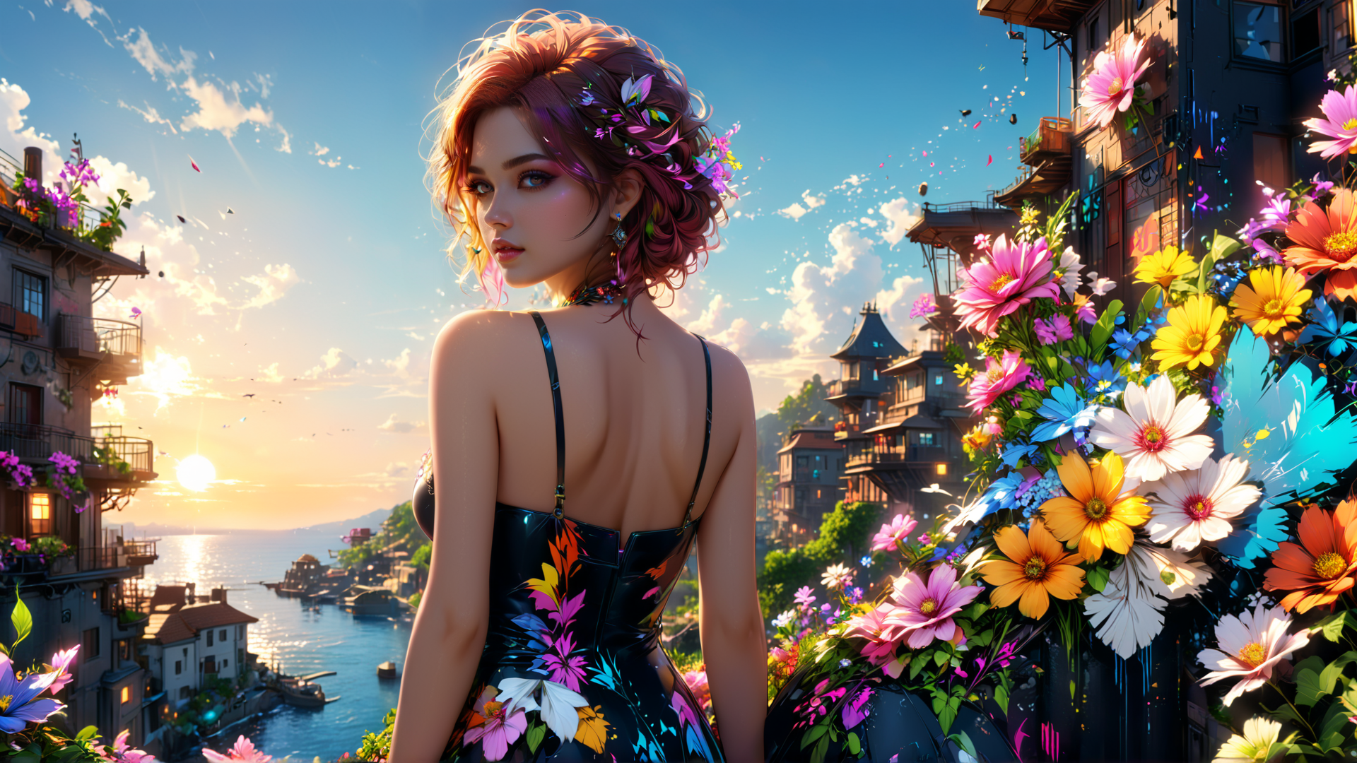 AI generated wallpaper featuring woman, flowers, cityscape