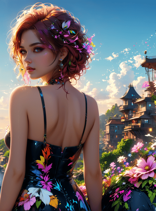 woman, flowers, cityscape