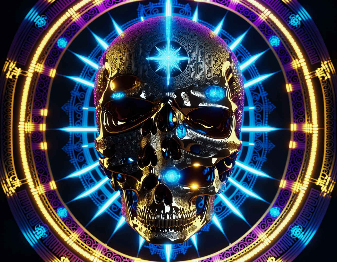 AI generated wallpaper featuring skull, circle, light