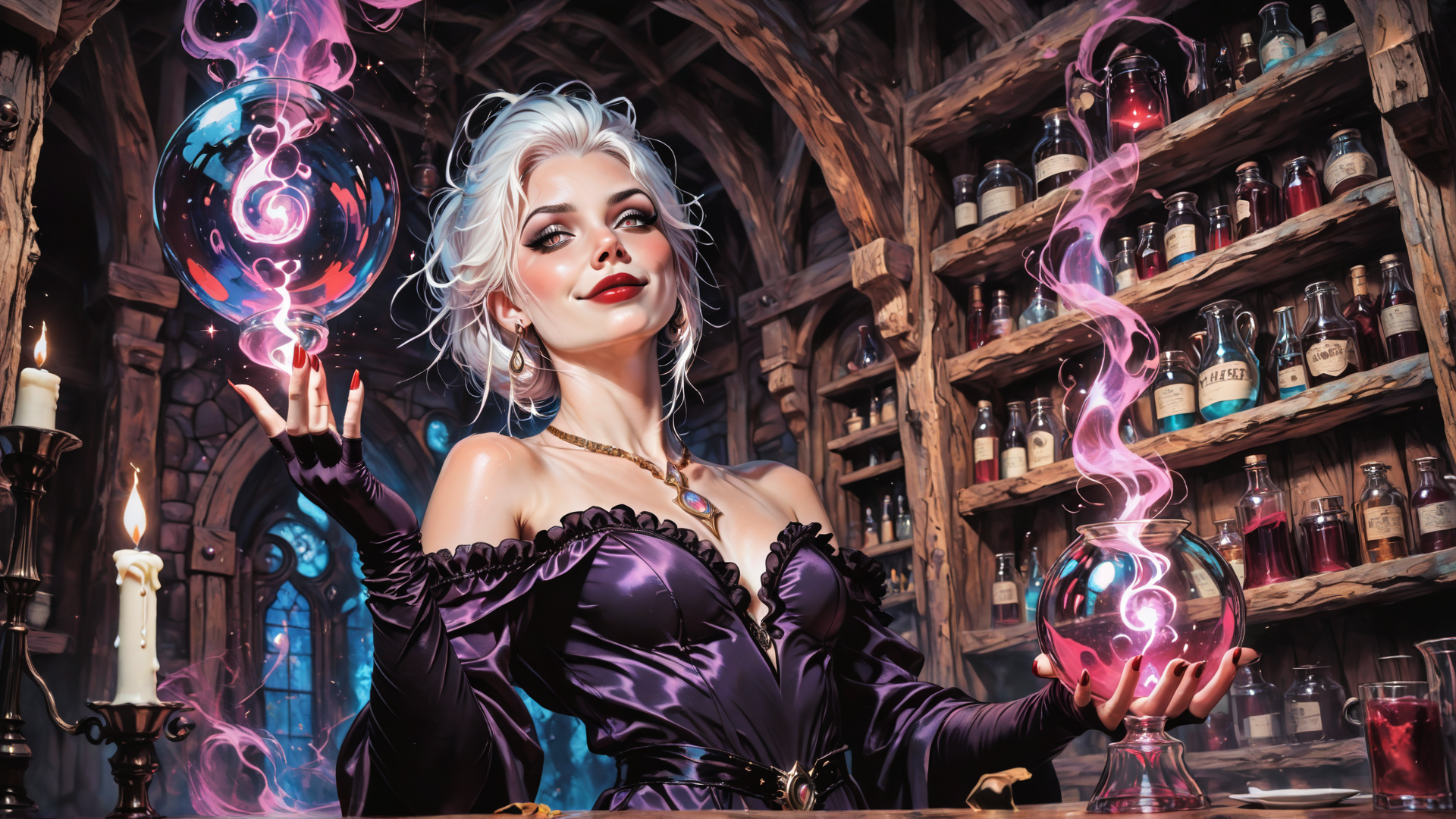 AI generated wallpaper featuring witch, bottles, crystal ball, candle, shelf