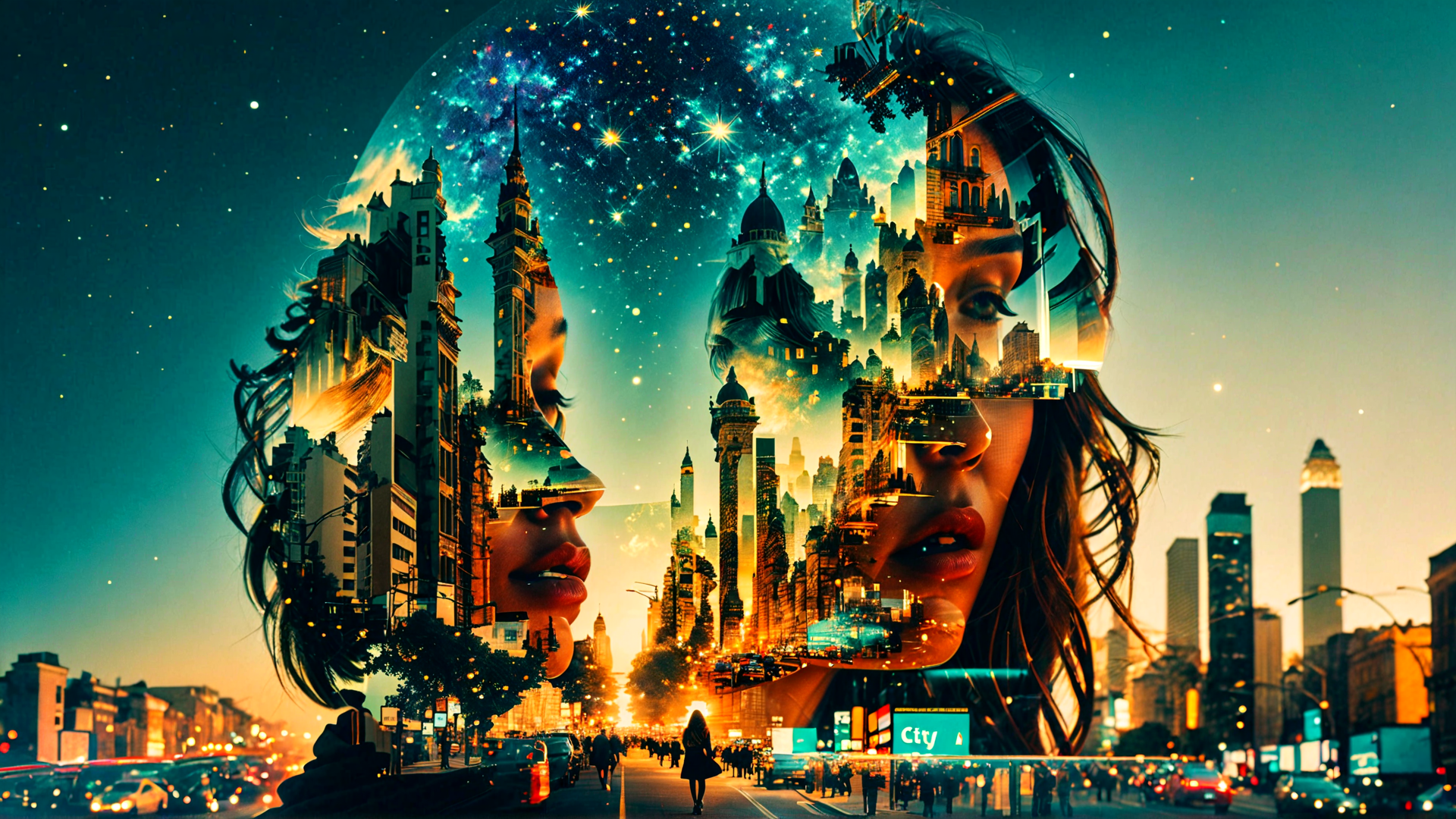 AI generated wallpaper featuring city, woman, buildings, stars, skyline, neon, silhouette, street, sunset, galaxy