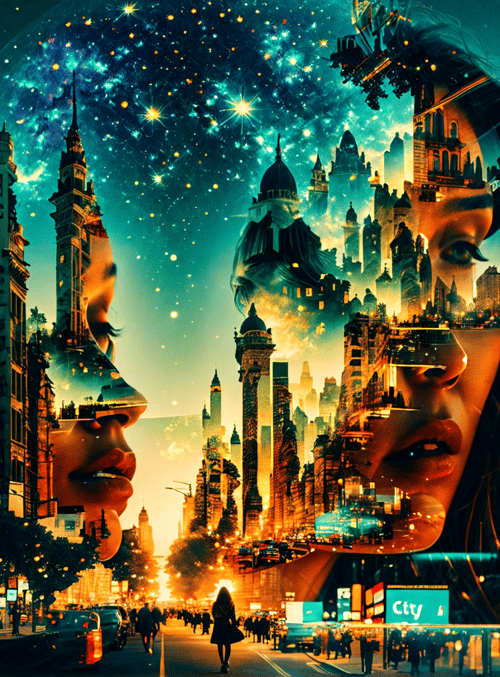 city, woman, buildings, stars, skyline, neon, silhouette, street, sunset, galaxy