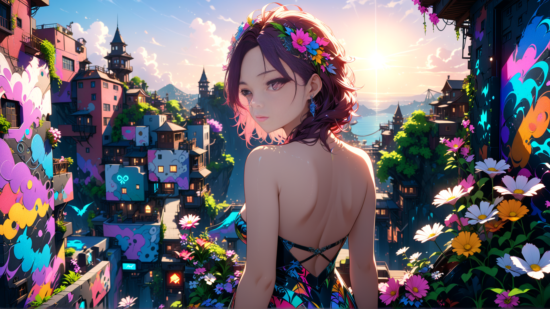 AI generated wallpaper featuring woman, cityscape, flowers