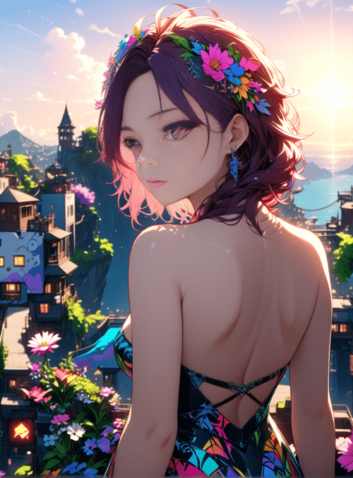 woman, cityscape, flowers