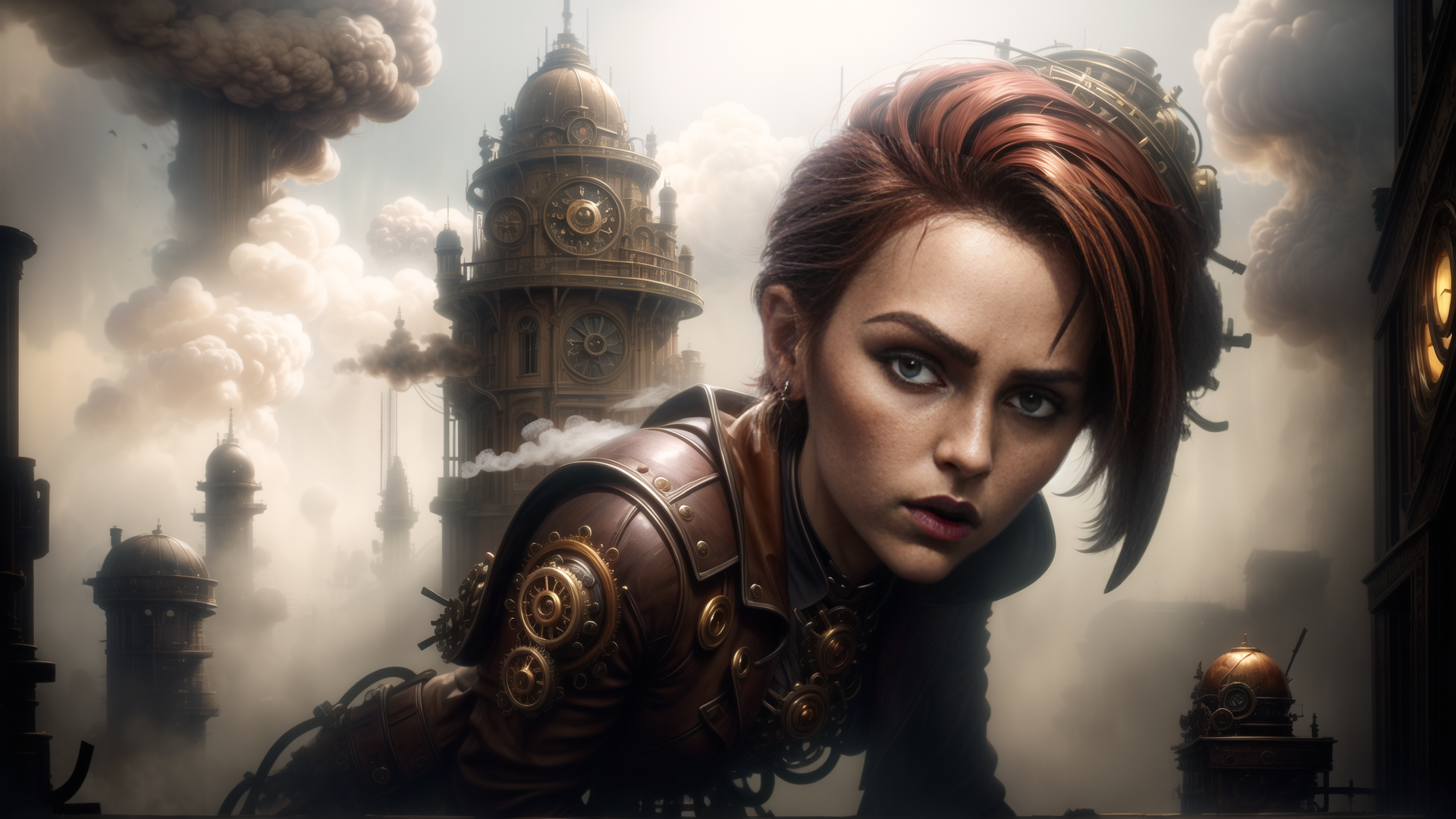 AI generated wallpaper featuring woman, steampunk, clock tower