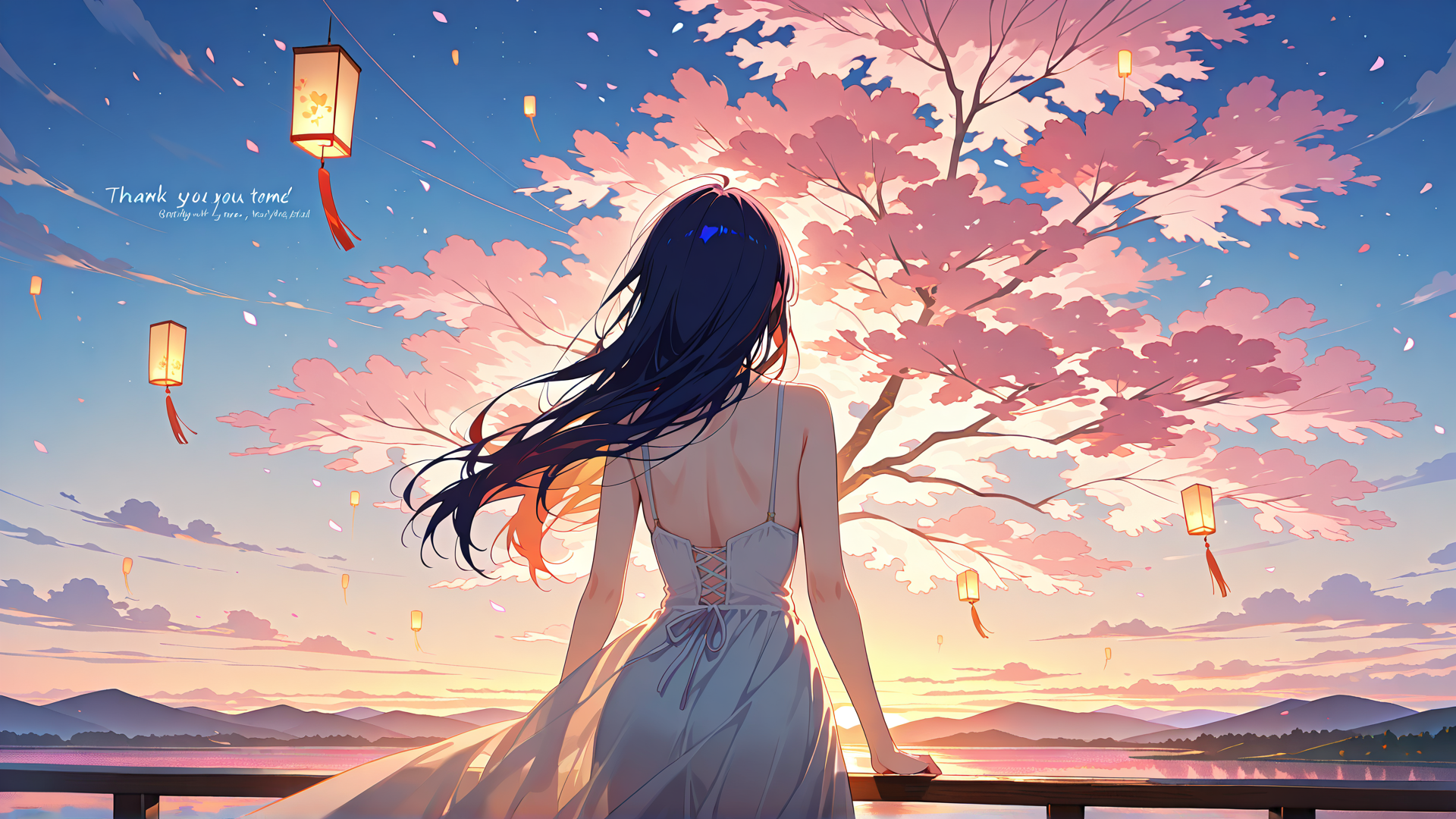 AI generated wallpaper featuring girl, cherry blossom, lantern