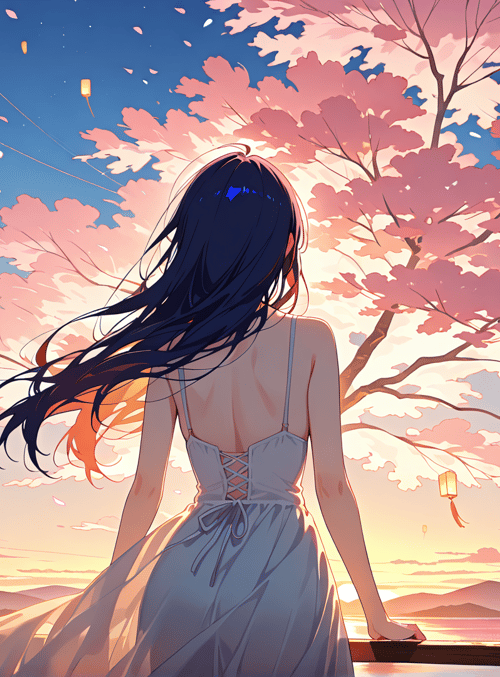 girl, cherry blossom, lantern