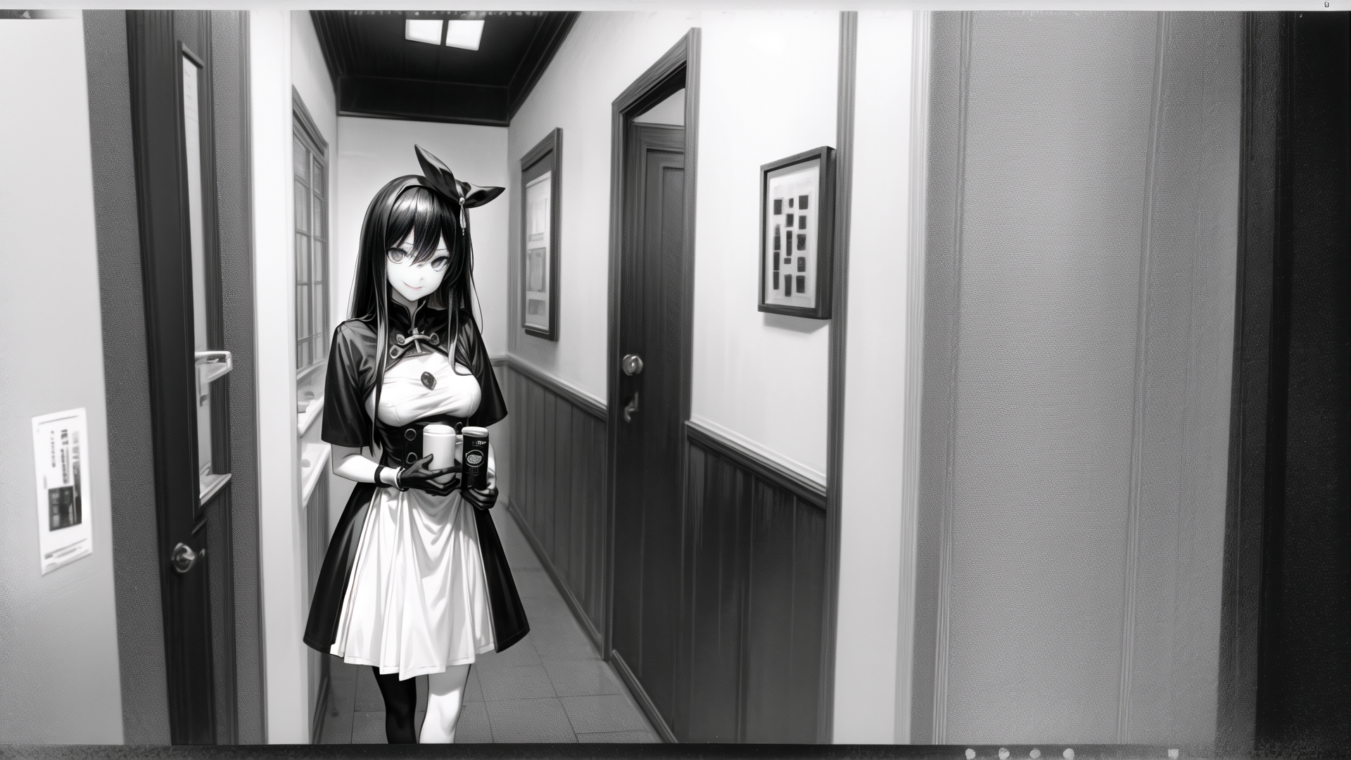 AI generated wallpaper featuring anime girl, maid, corridor