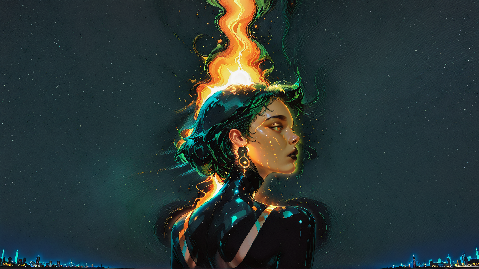 AI generated wallpaper featuring woman, cityscape, fire, aurora