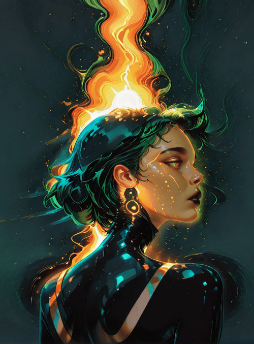 woman, cityscape, fire, aurora