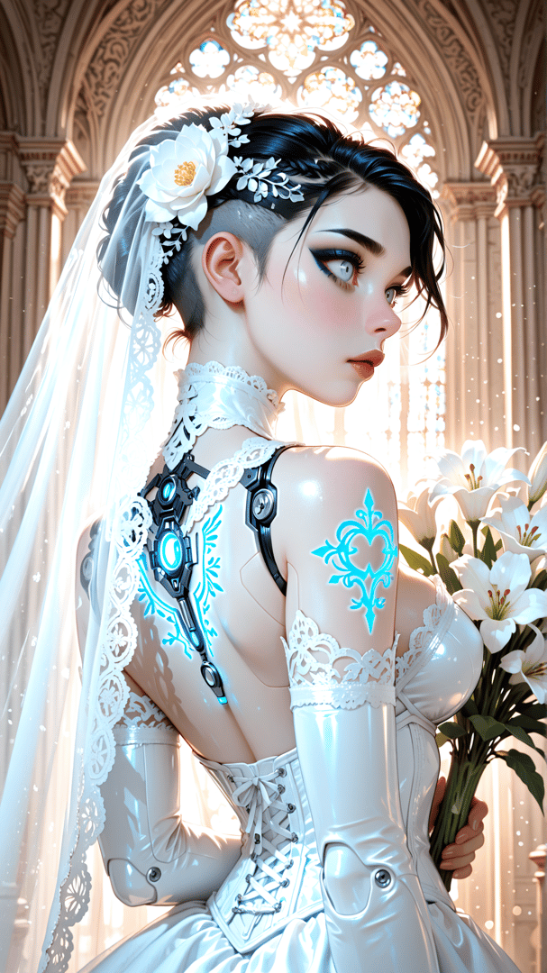 AI generated wallpaper featuring bride, gown, veil, flowers, gloves, cybernetics, lilies, cathedral, laser, ornament