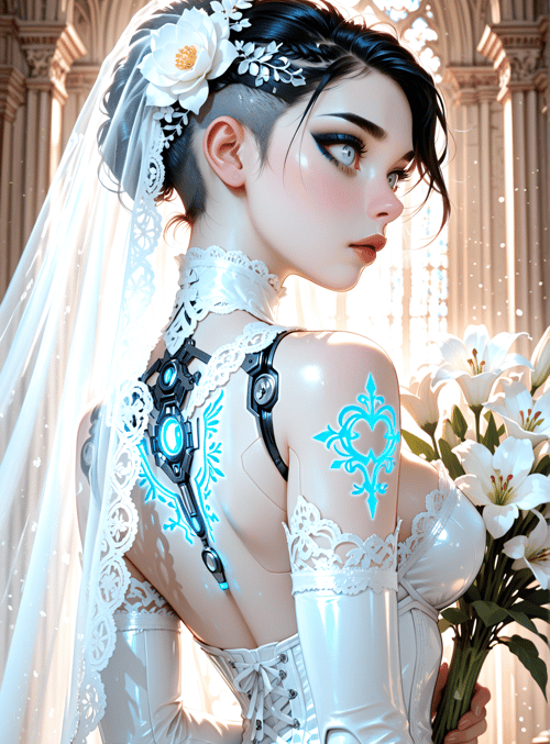 bride, gown, veil, flowers, gloves, cybernetics, lilies, cathedral, laser, ornament