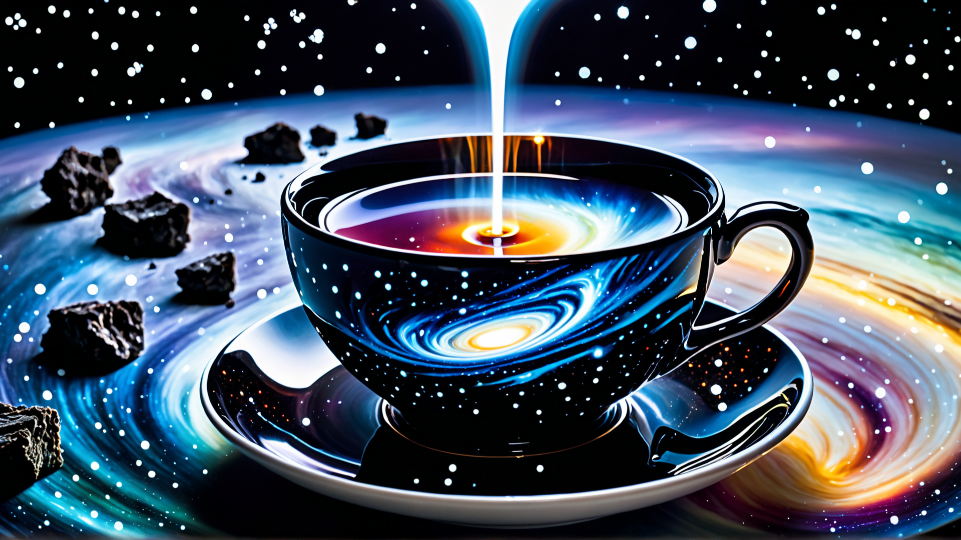 AI generated wallpaper featuring cup, galaxy, stars, asteroids, pouring, saucer